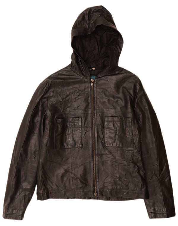 Vintage mujer chaqueta de cuero con capucha IT 46 cuero negro grande