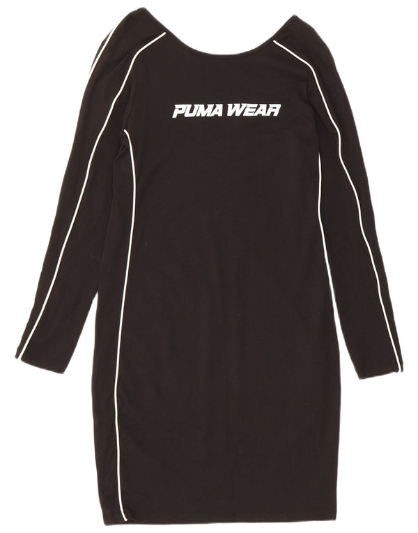 Puma Mujer Gráfico Manga Larga Camiseta Vestido UK 10 Pequeño Algodón Negro