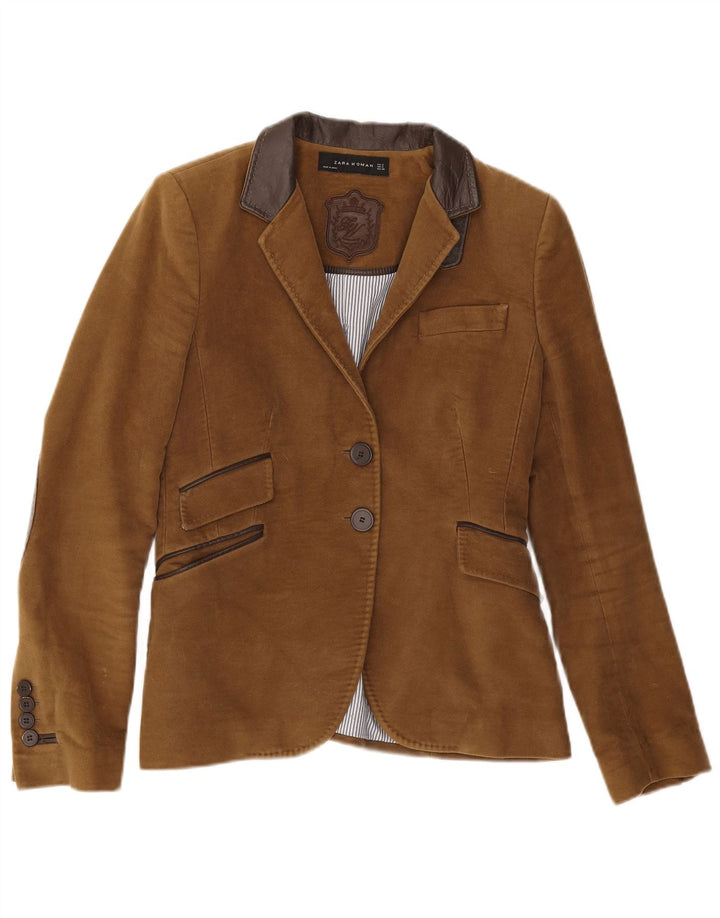Zara Mujer Chaqueta Blazer De 2 Botones UK 10 Small Marrón Algodón