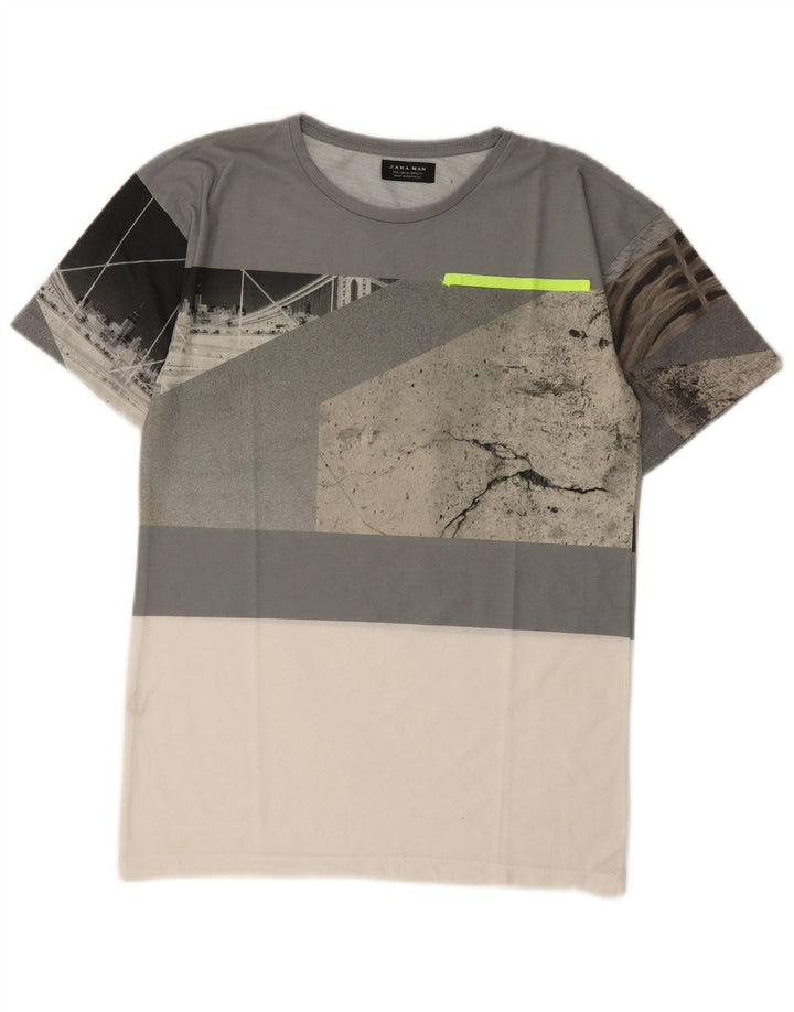 Zara Hombre Camiseta Gráfica Top Small Gris Colorblock