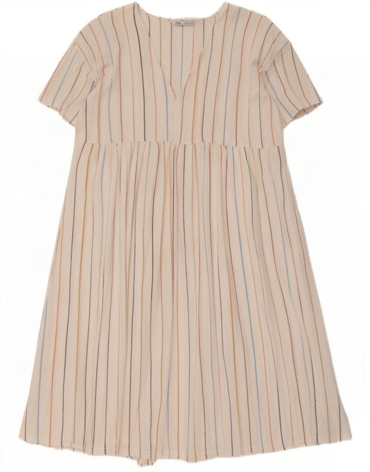 Zara Mujer Vestido Acampanado UK 46 Grande Poliéster A Rayas Blanco