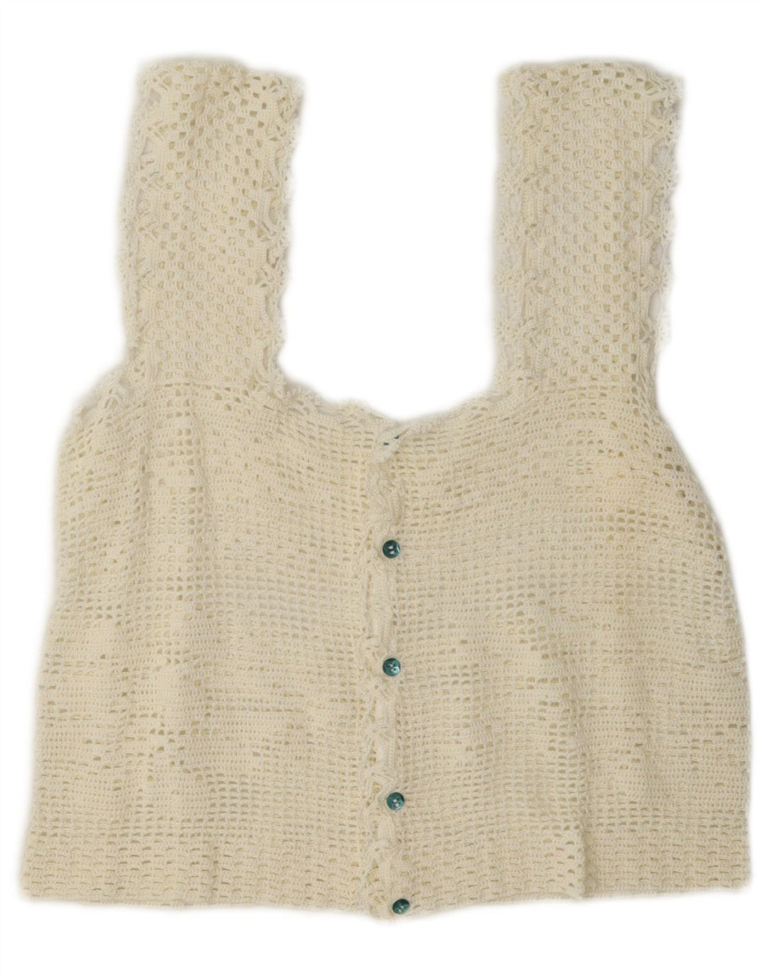 Vintage mujer crochet sin mangas crop top Reino Unido 12 medio blanco apagado