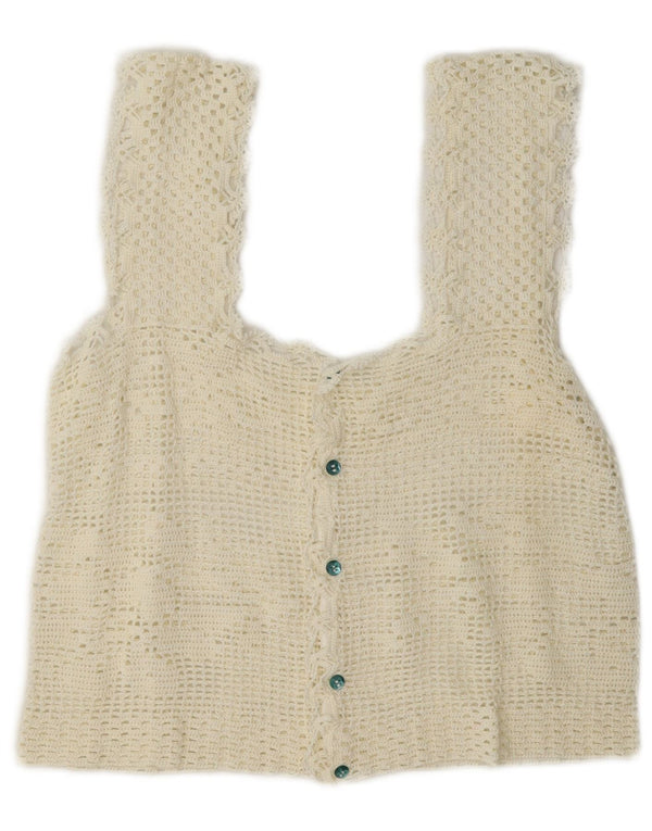 Vintage mujer crochet sin mangas crop top Reino Unido 12 medio blanco apagado