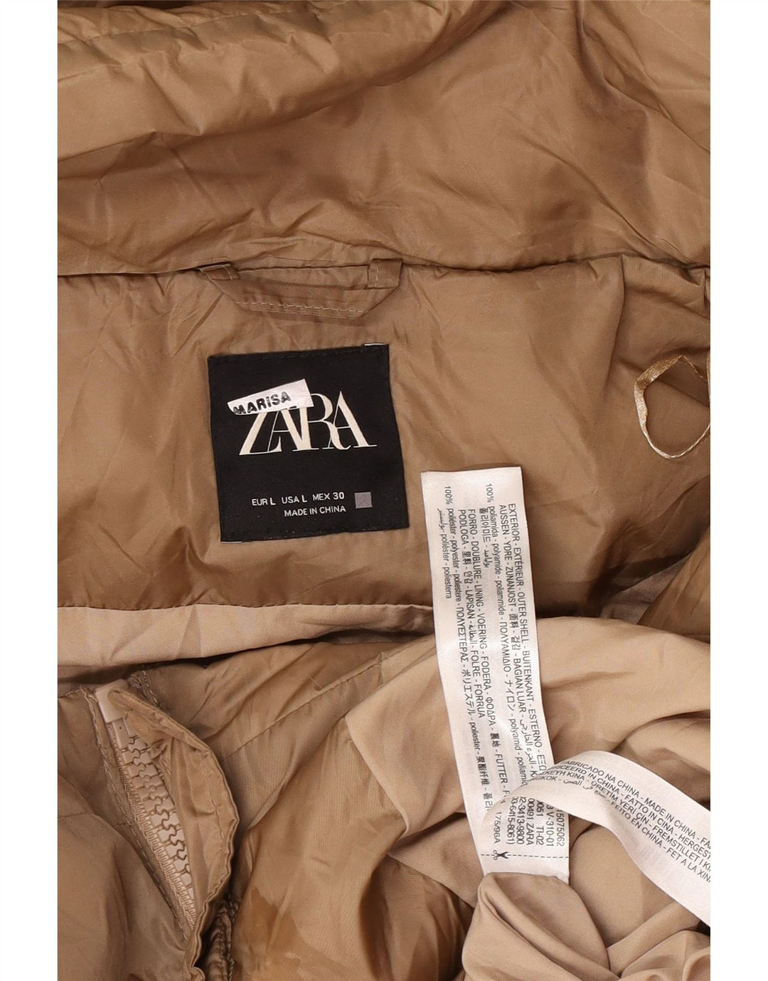 Zara Mujer Abrigo Acolchado Con Capucha UK 46 Large Marrón Poliamida