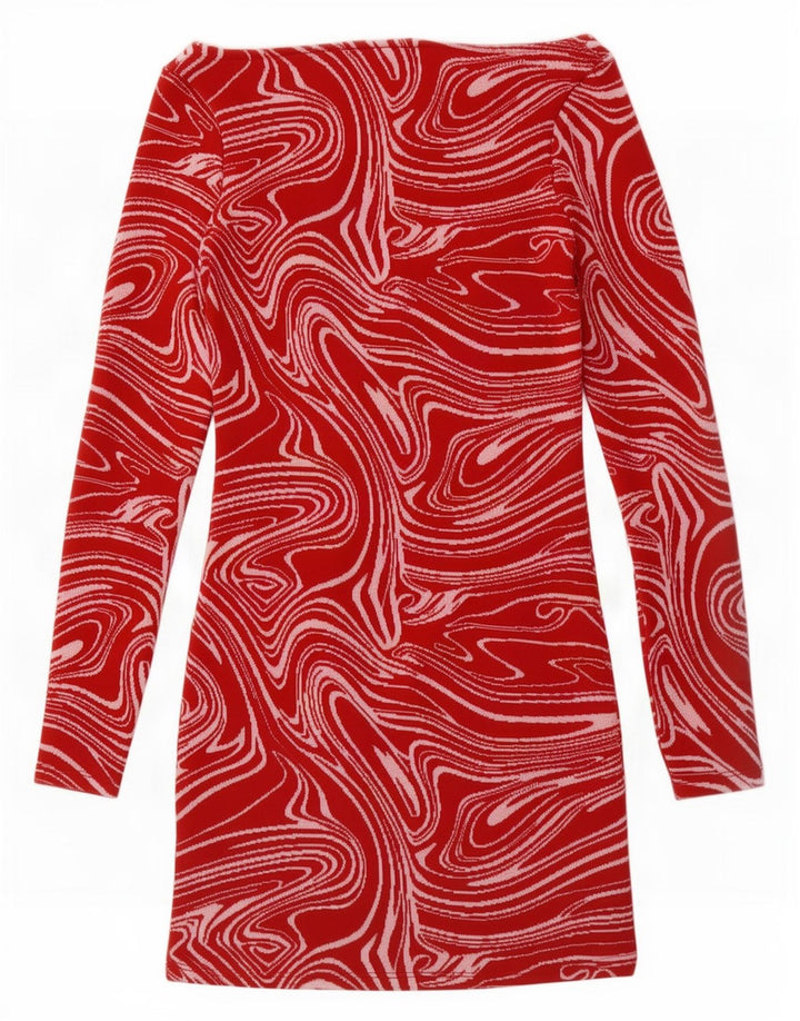 Zara Vestido Vaina De Manga Larga Con Estampado Abstracto Para Mujer UK 8 Small Rojo