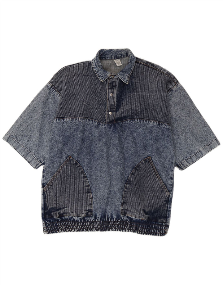 Vintage hombres sueltos ajuste manga corta pullover denim camisa pequeño algodón azul