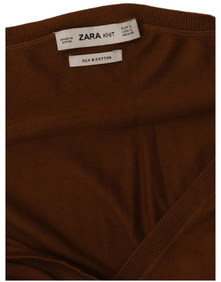 ZARA Jersey de manga corta con cuello en V para mujer UK 44 Large Seda marrón