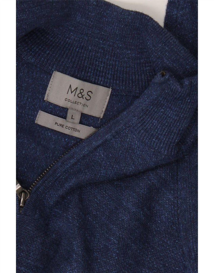 Marks & Spencer Jersey con cuello y cremallera para hombre, talla grande, de algodón moteado en azul
