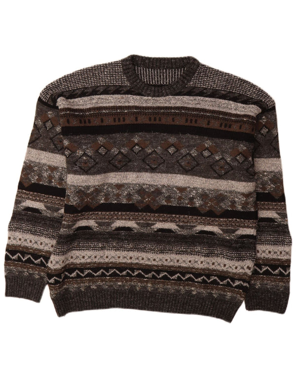 Vintage hombres cuello redondo jersey suéter IT 50 gris medio geométrico