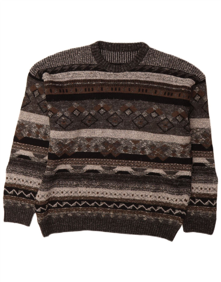 Vintage hombres cuello redondo jersey suéter IT 50 gris medio geométrico