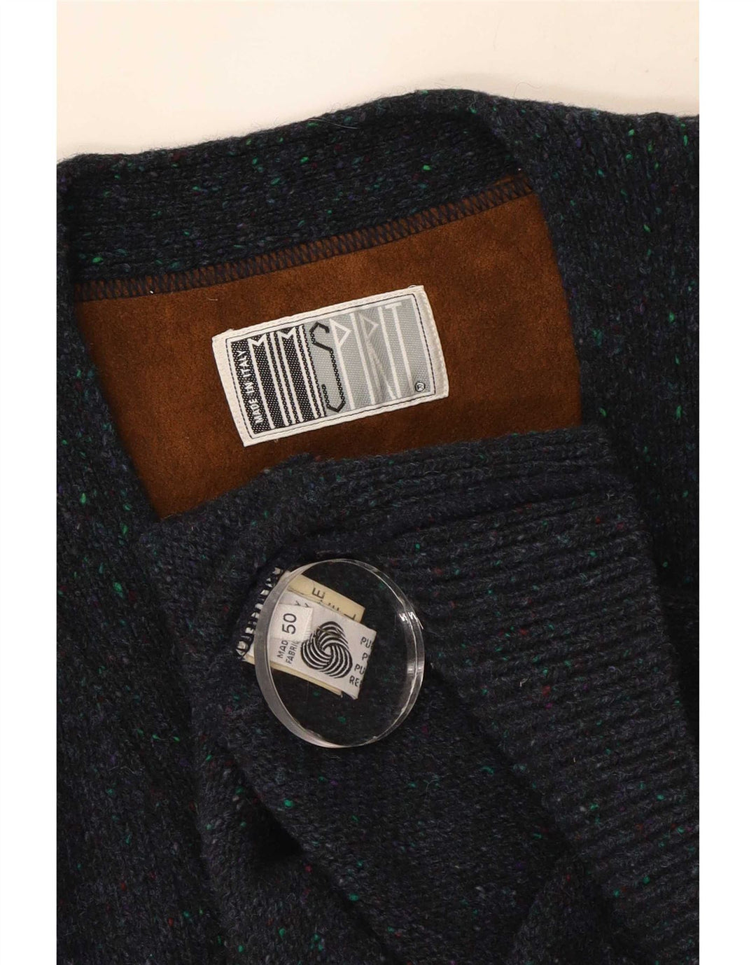 Vintage hombre Cardigan suéter IT 50 lana azul marino medio