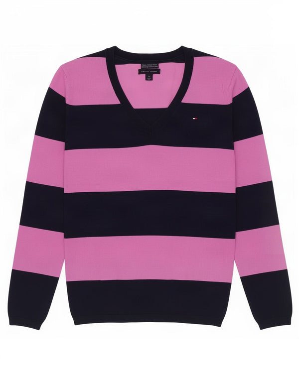 Tommy Hilfiger Suéter con cuello en V para mujer UK 10 Pequeño algodón a rayas rosa