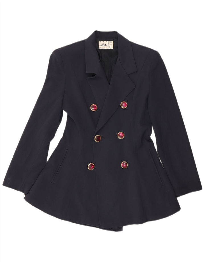 VINTAGE Mujer Longline Blazer Chaqueta Reino Unido 10 Pequeño Azul Marino
