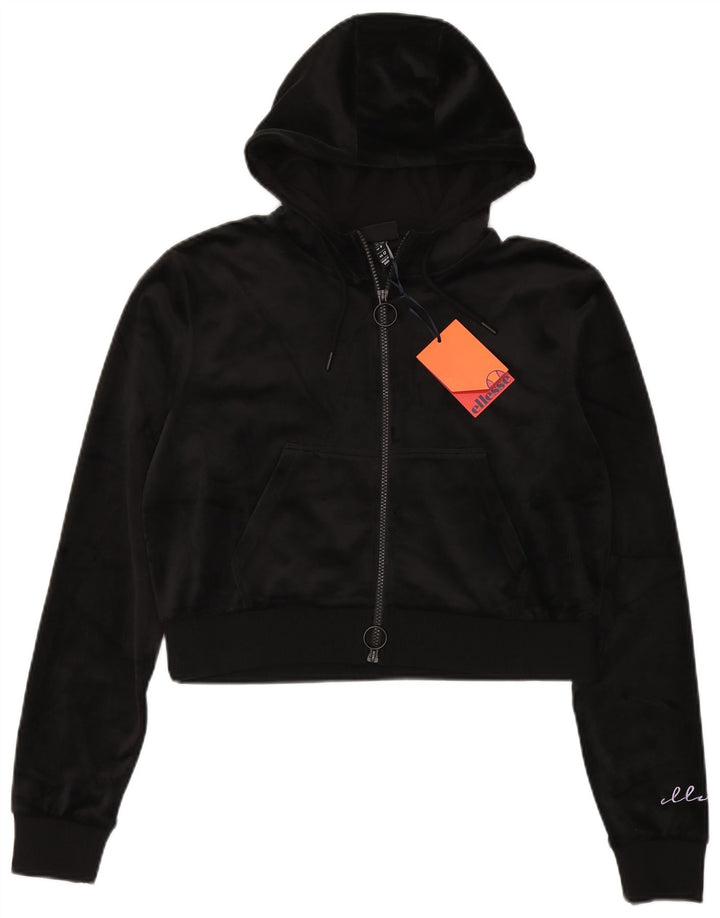 Ellesse Crop Velour Zip Sudadera con capucha para mujer UK 12 Mediano Negro Poliéster