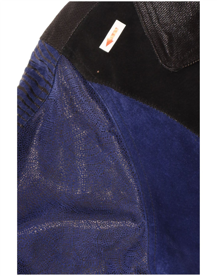 Vintage mujer ante abrigo Reino Unido 12 medio azul colorblock cuero