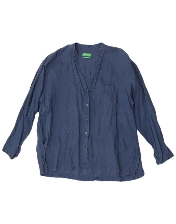 Benetton Blusa Camisa Mujer ES 40 XL Lino Azul Marino