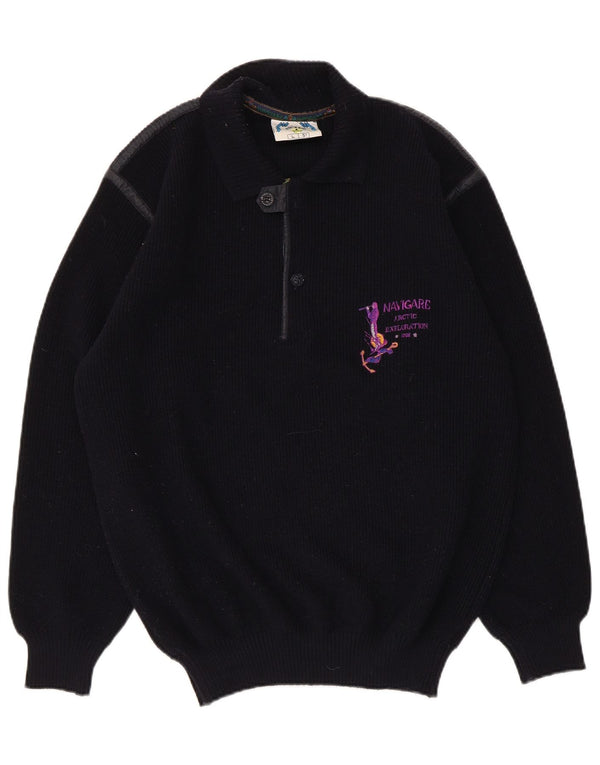 Navigare Jersey tipo polo con cuello tipo polo para hombre, talla grande, lana azul marino