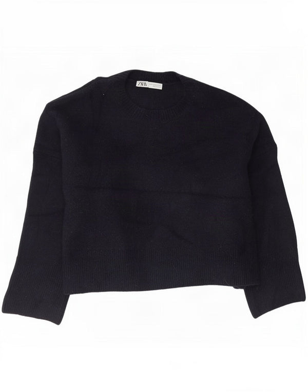 Zara Mujer Crop Jersey De Cuello Redondo De Gran Tamaño UK 44 Medio Azul Marino