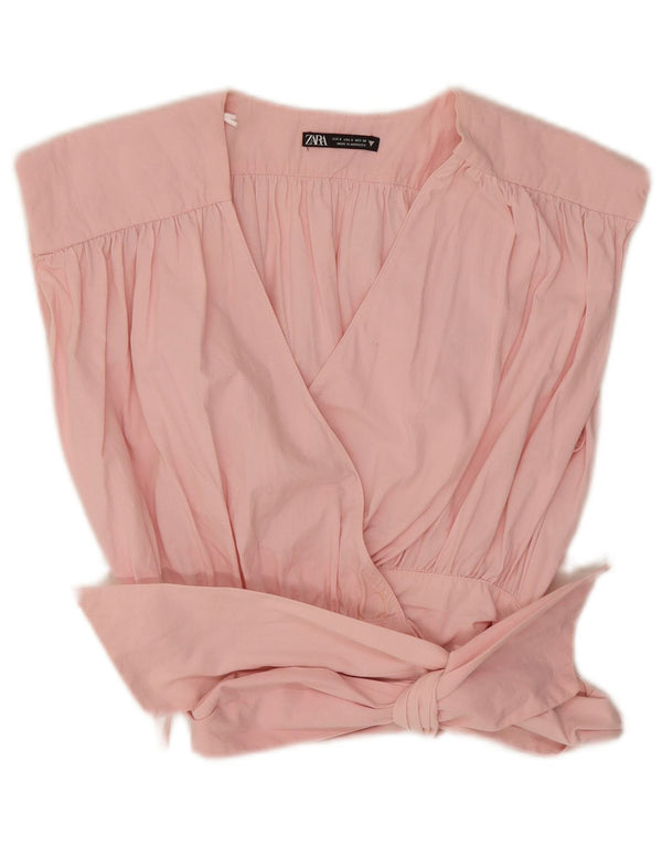 Zara Mujer Top Corto Cruzado Sin Mangas UK 10 Small Algodón Rosa