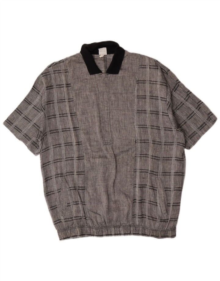 Vintage hombres manga corta pullover camisa medio gris cheque