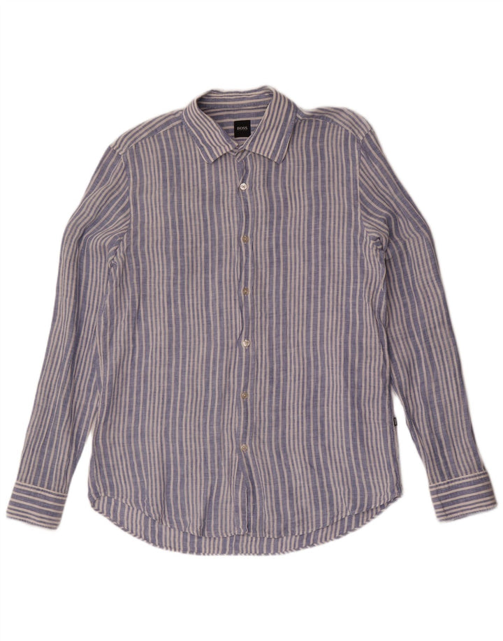 Camisa Hugo Boss Hombre Grande Lino Azul Rayas