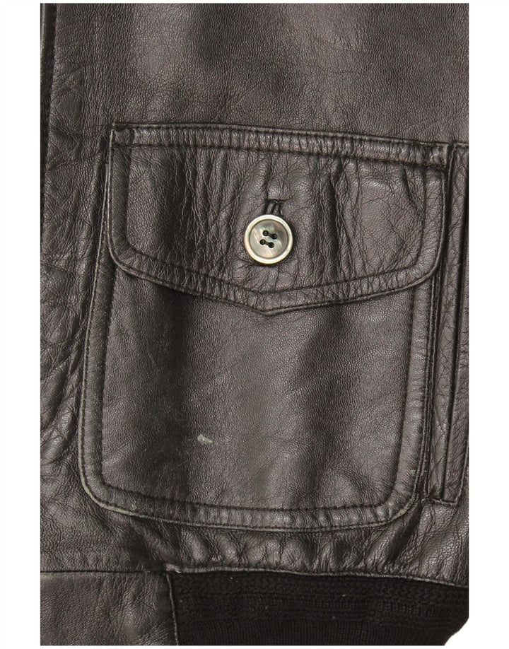 Vintage hombres cuero Gilet Reino Unido 36 pequeño cuero negro