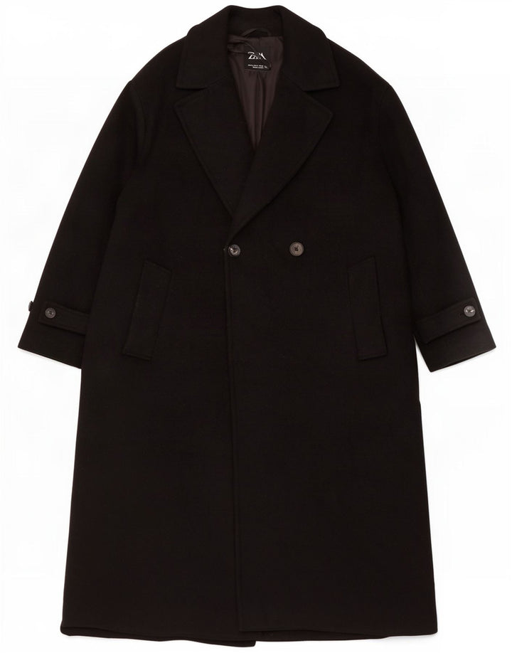Zara Mujer Abrigo Cruzado UK 44 Medio Poliéster Negro