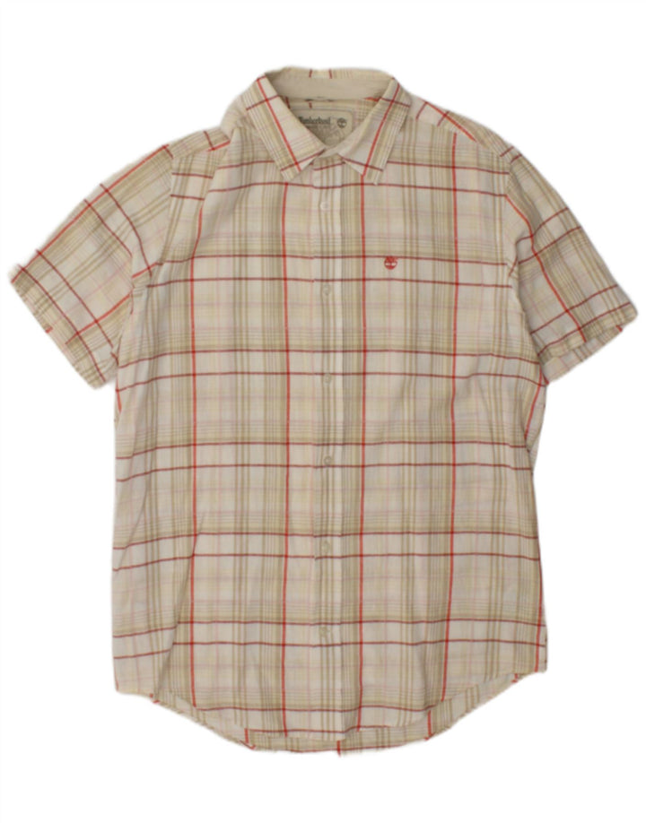 Camisa Timberland Hombre Manga Corta Regular Fit Lino A Cuadros Beige Medio