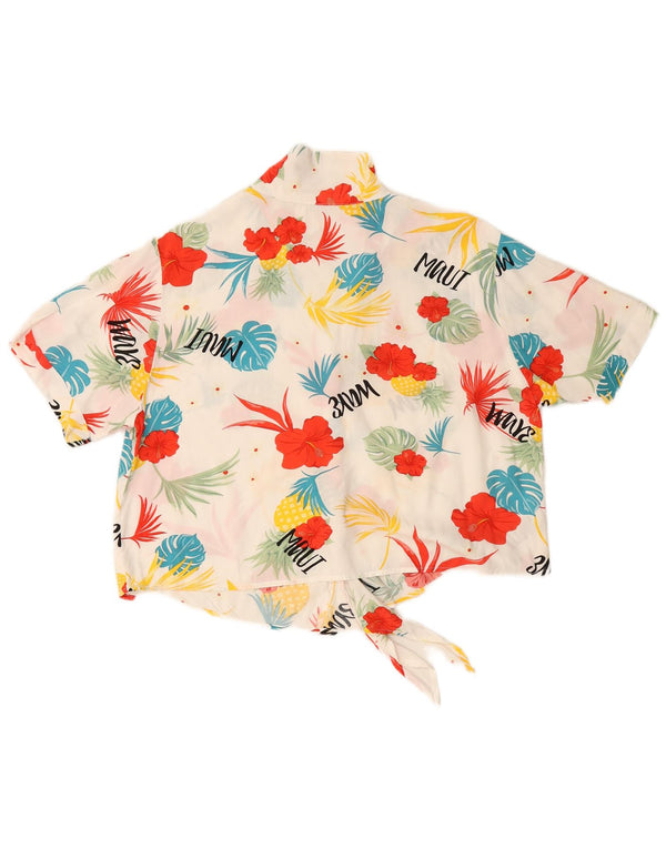 VINTAGE Mujer Crop Front Tie Shirt Blusa Reino Unido 16 Grande Blanco Floral