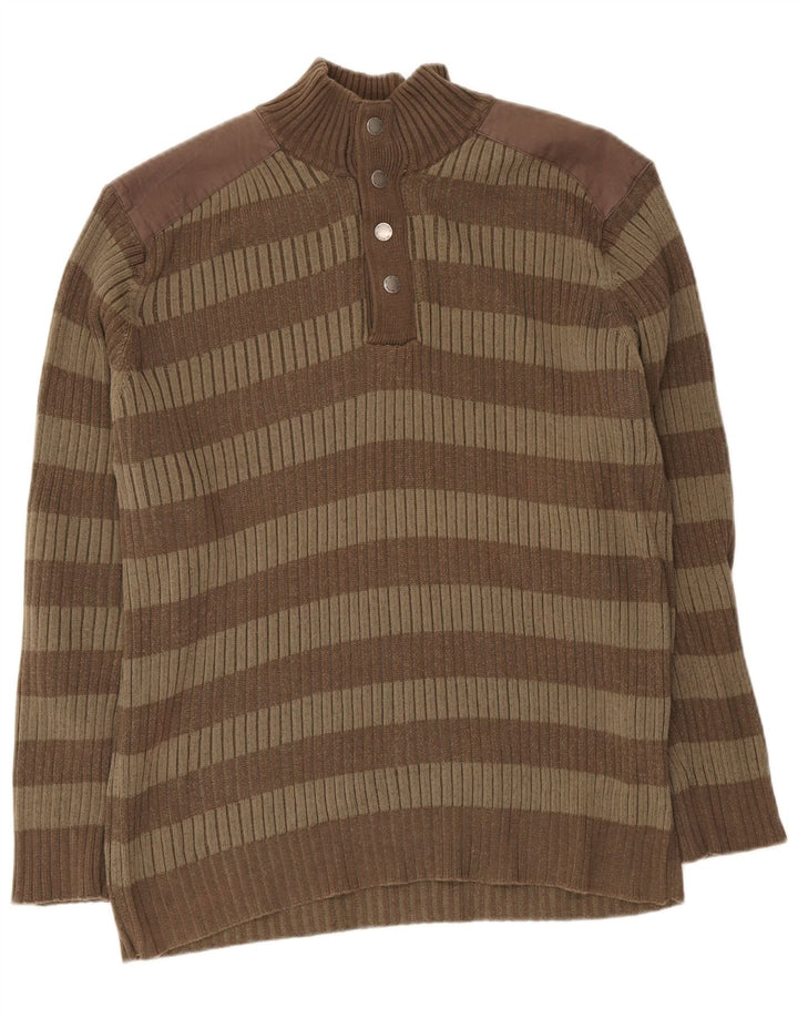 Vintage hombres botón cuello jersey suéter XL marrón rayas
