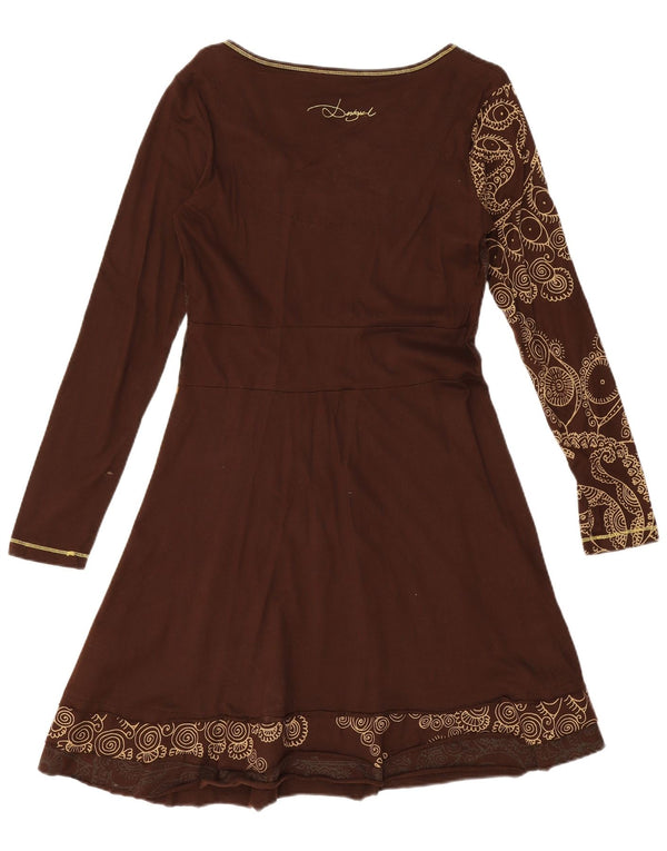 DESIGUAL Womens Long Sleeve A-Line Dress UK 14 Large Brown Floral Cotton