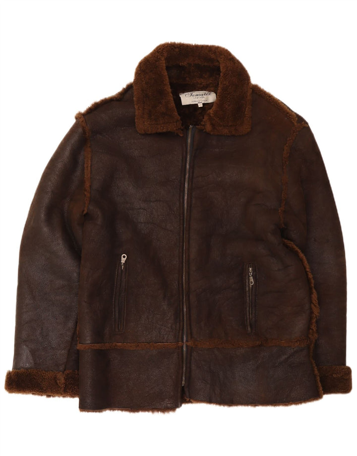 Vintage hombres shearling chaqueta IT 50 cuero marrón grande
