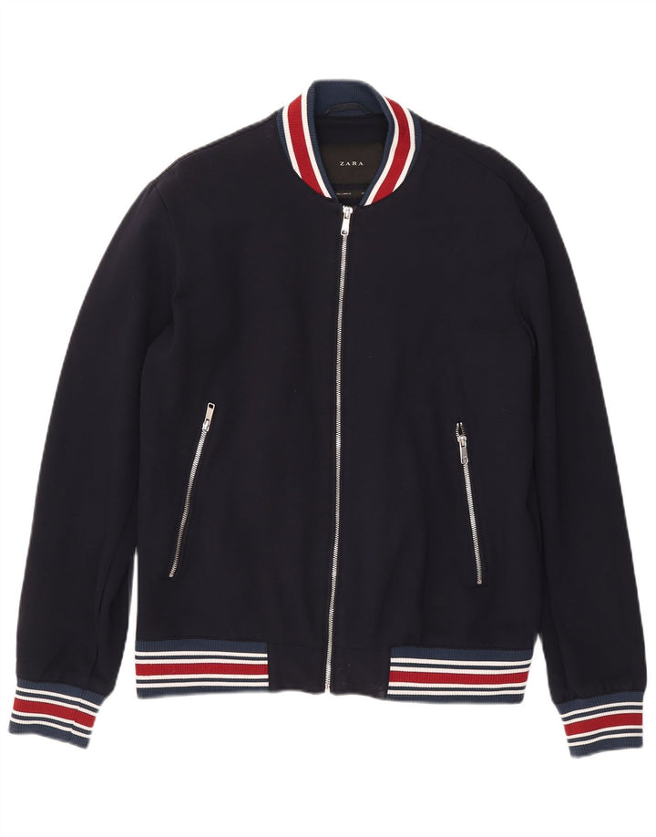 Zara Mens Bomber Jacket UK 40 Large Azul Marino Rayas Viscosa