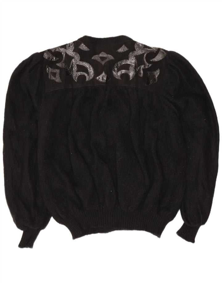 Vintage mujeres patrón abstracto cardigan suéter Reino Unido 20 2XL negro retro