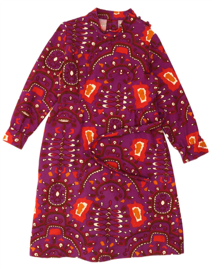 Vintage mujer patrón abstracto A-Line vestido Reino Unido 12 medio púrpura