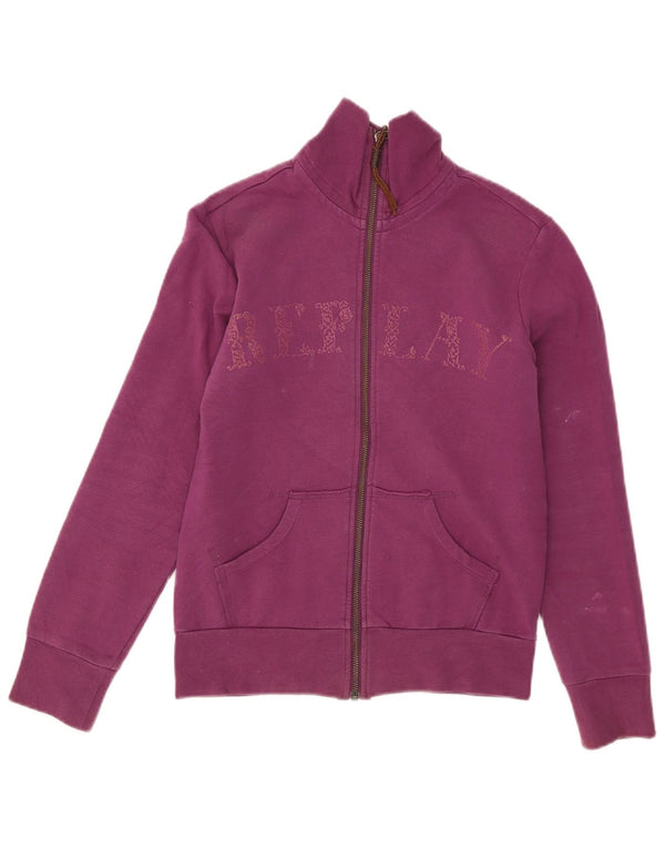 Replay Chaqueta superior de chándal con gráfico para mujer UK 10 Small Purple Cotton