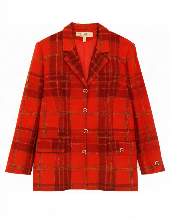 Weinberg Womens 4 Button Blazer Jacket UK 14 Large Red Check Wool