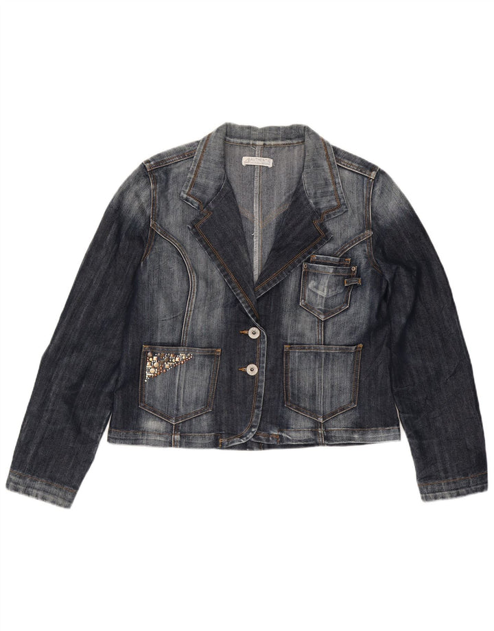 Vintage mujer 2 botones denim Blazer chaqueta Reino Unido 14 azul marino medio