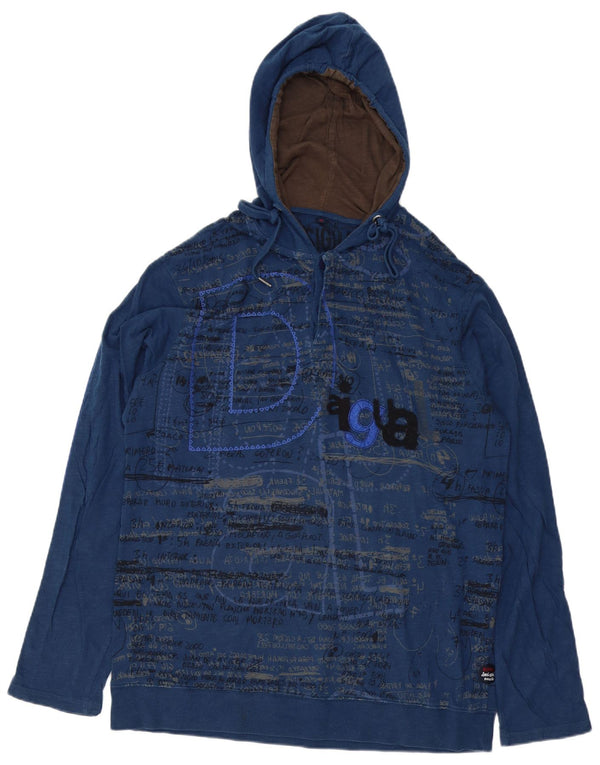 Desigual Hombre Camiseta Gráfica Con Capucha Manga Larga XL Algodón Azul