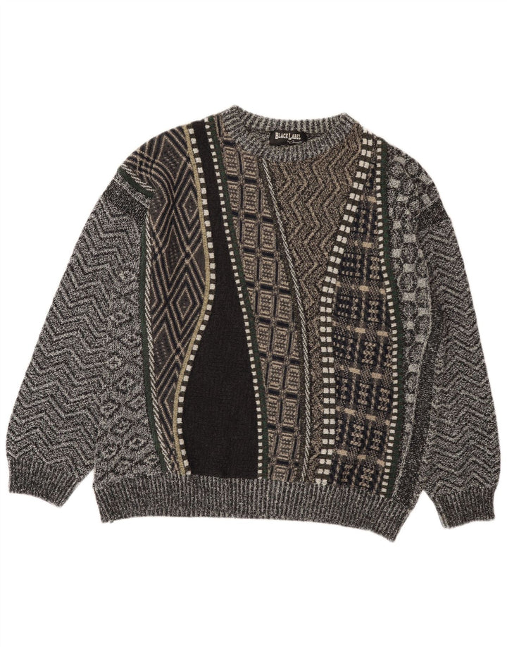 Vintage hombres cuello redondo jersey suéter XL gris patchwork lana de alpaca