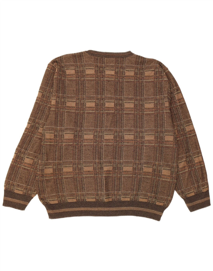 Vintage hombres cuello redondo jersey suéter grande marrón cheque