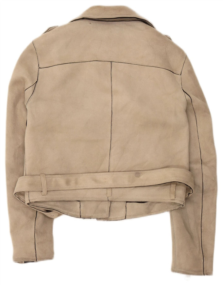 Zara Mujer Crop Biker Jacket UK 10 Small Beige Poliéster