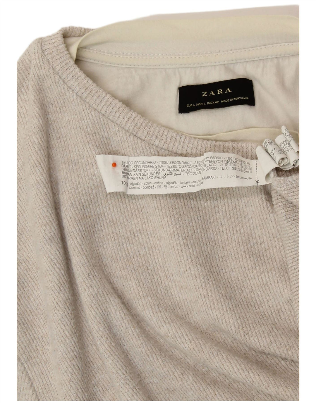 ZARA Mujer Top Manga Larga UK 46 Large Algodón Beige