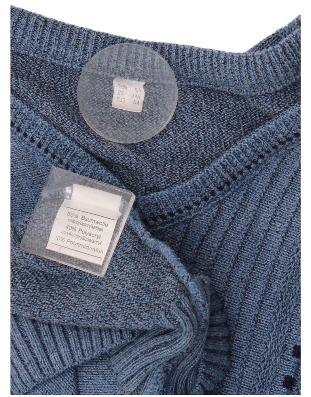 VINTAGE Hombres V-Cuello Jumper Suéter UK 44 XL Algodón Geométrico Azul