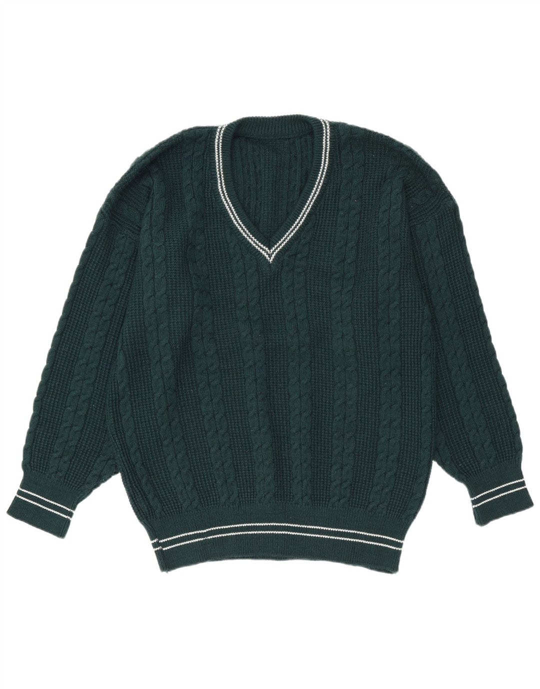 Vintage hombres V-cuello jumper suéter grande verde rayas