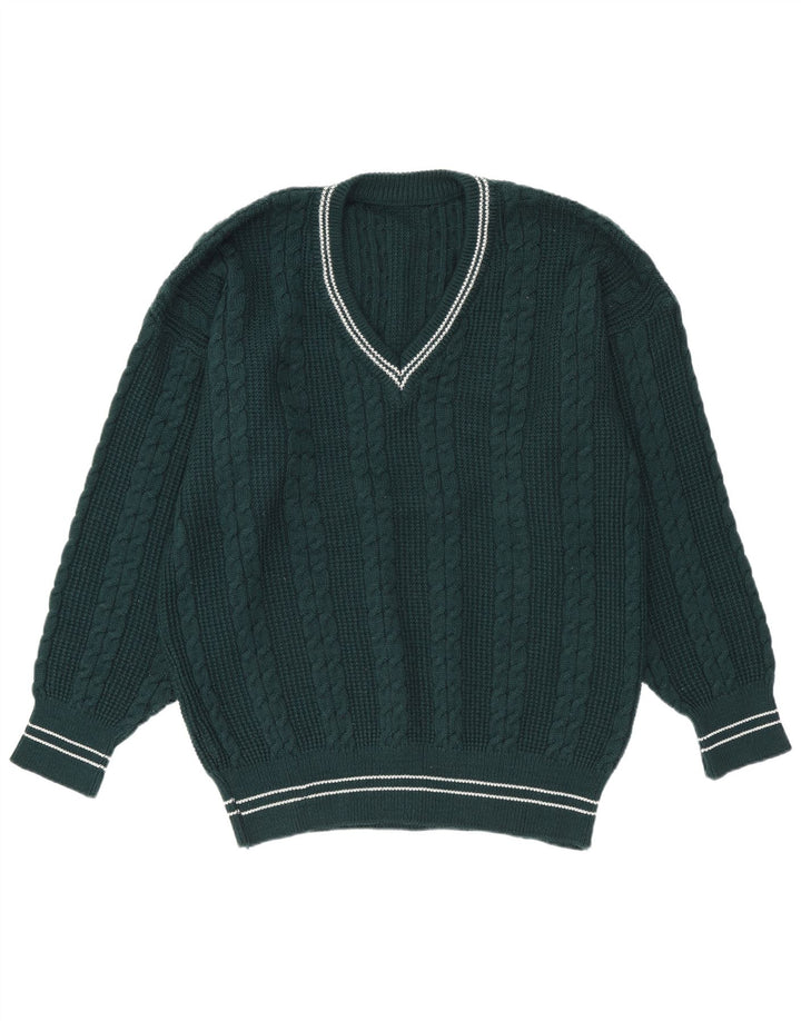 Vintage hombres V-cuello jumper suéter grande verde rayas