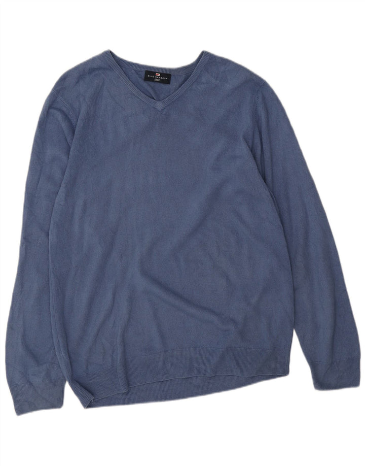 Marks & Spencer Suéter tipo jersey con cuello en V azul Harbor para hombre, talla grande, azul marino
