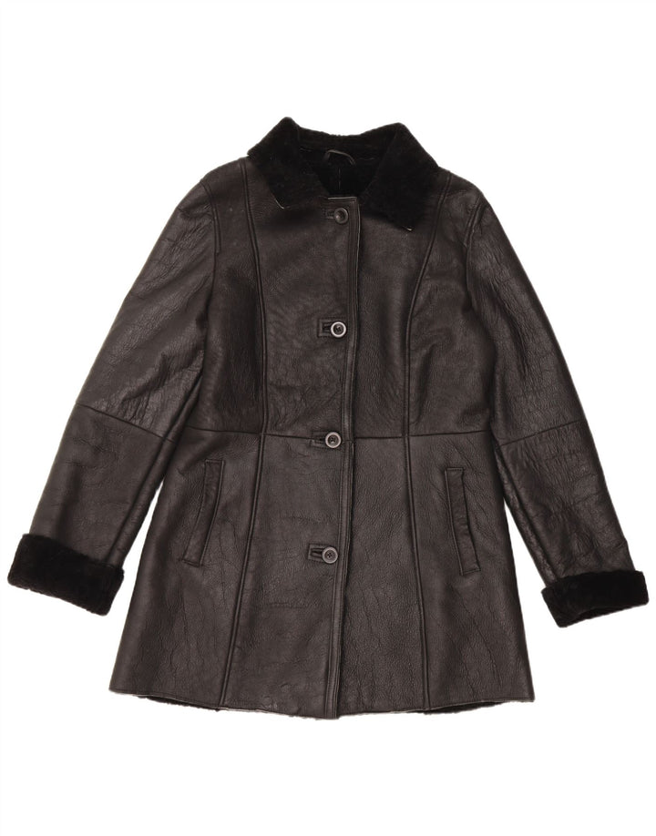 Vintage mujer shearling abrigo EU 40 cuero negro medio