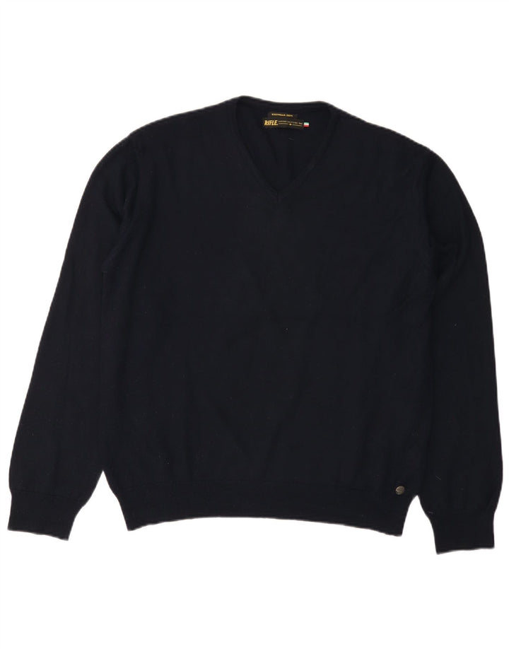 RIFLE Suéter con cuello en V para mujer UK 18 XL Acrílico azul marino