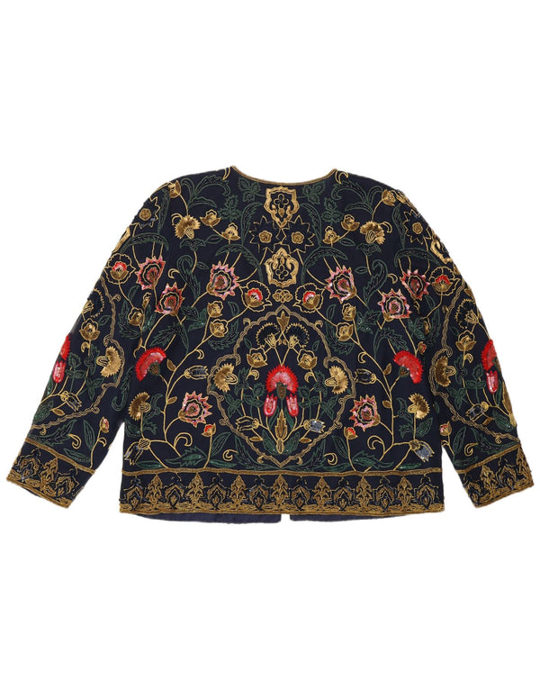 PAST TIME Cárdigan holgado para mujer UK 10 Small Seda floral azul marino